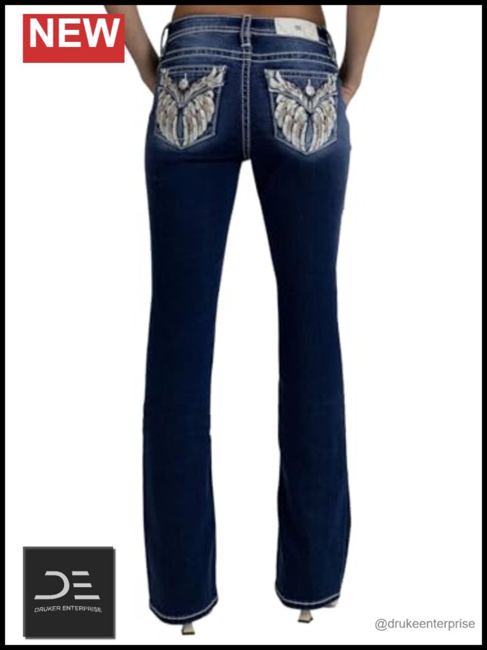 Mid-Rise Bootcut Jeans Embellished Sequins Floral Wings Denim
